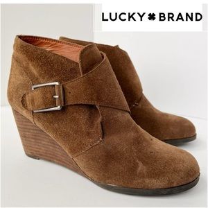 LUCKY BRAND Brown Boho Suede Wedge Buckle Ankle Boots Booties
